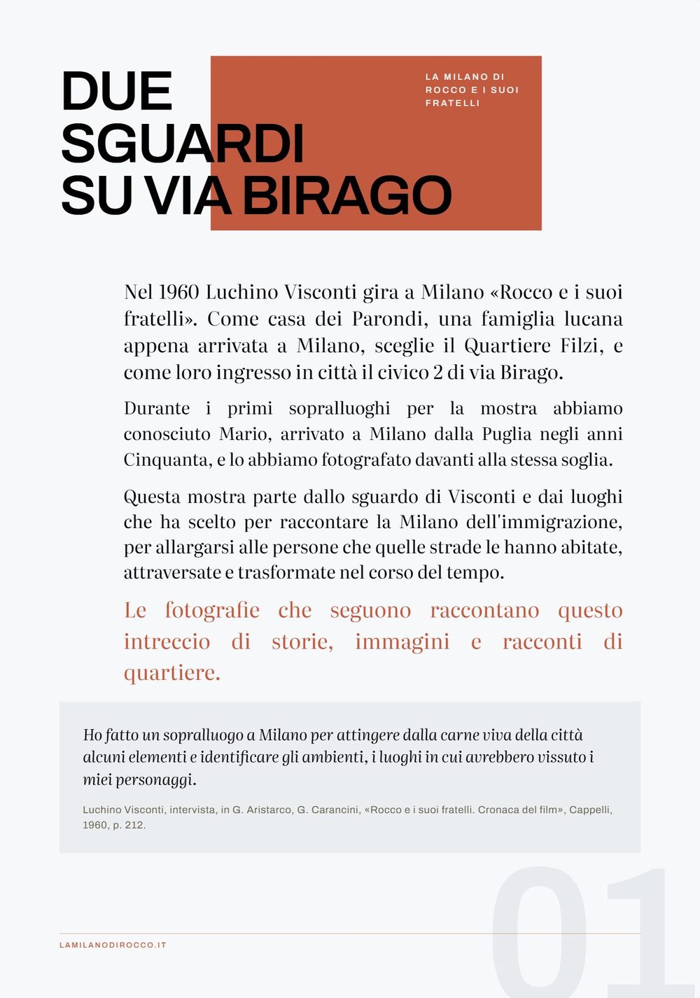 Riproduzione del pannello 01 della mostra: «Due sguardi su via Birago»