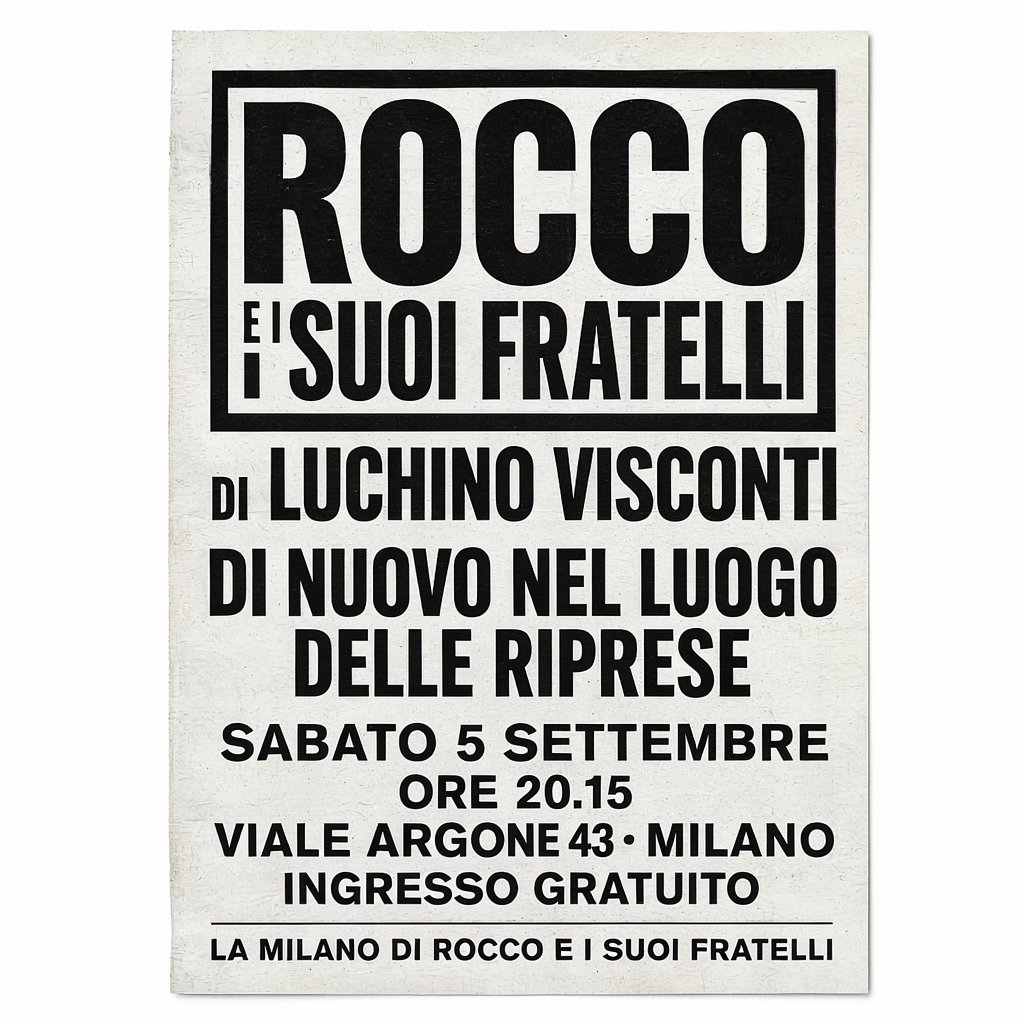 Locandina in stile annuncio cinematografico anni '60 per la proiezione di «Rocco e i suoi fratelli», sabato 5 settembre in viale Argonne (2 di 4)